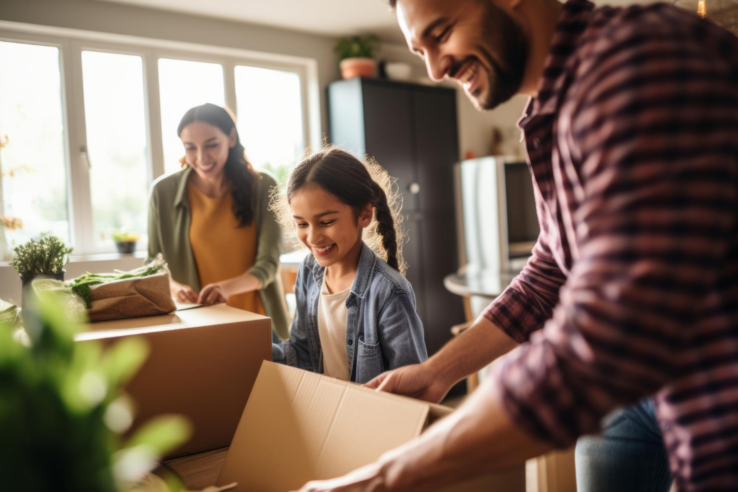 Famille souriante pendant leur déménagement, préparation des boîtes pour garde alternée.