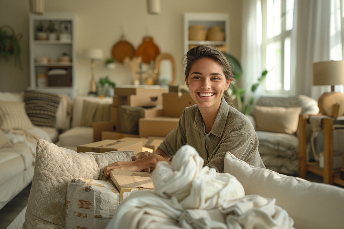Aide ménagère souriante préparant des cartons pour faciliter le déménagement au Mans