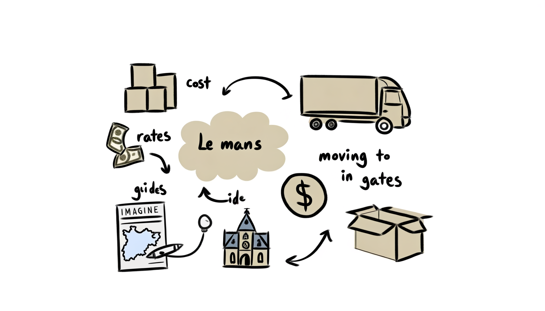 Vue aérienne de la ville du Mans avec icônes illustrant la planification d'un déménagement, mettant en avant les coûts et les tarifs essentiels